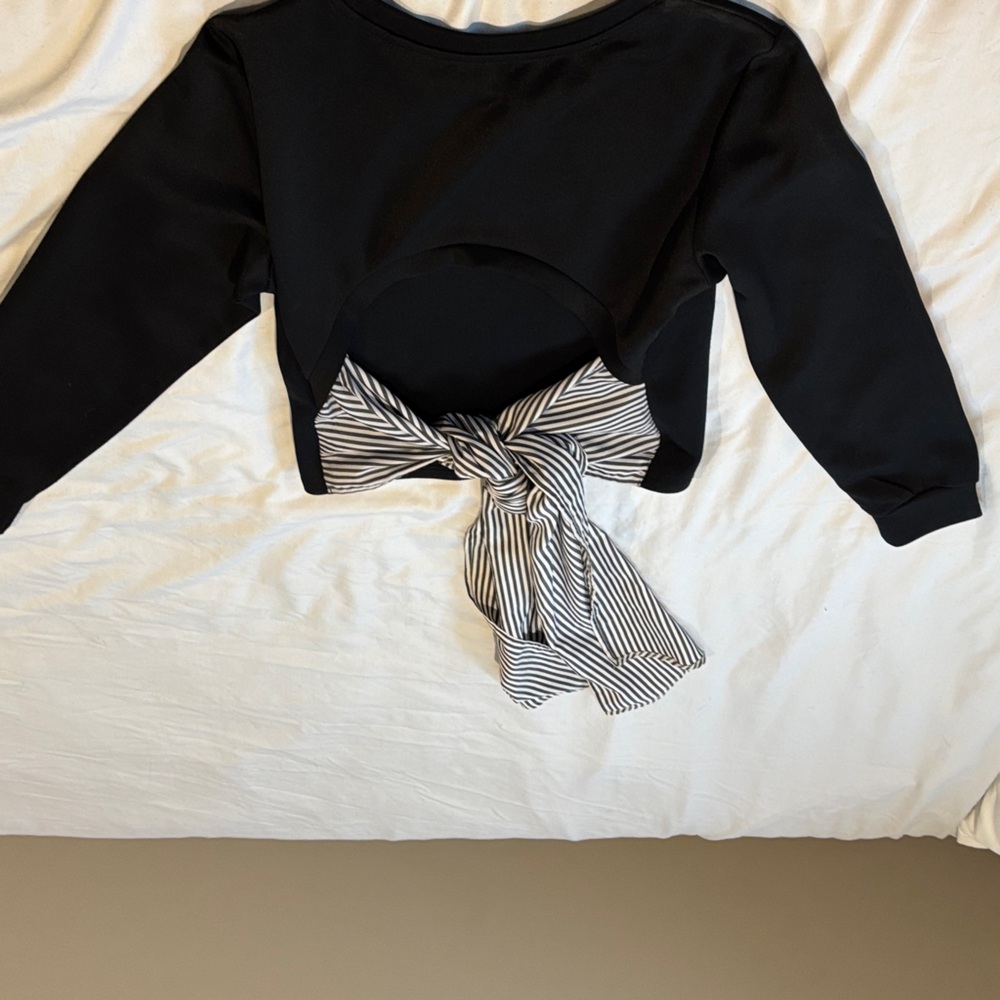 Black adjustable crop top with open back and black and white striped ties
